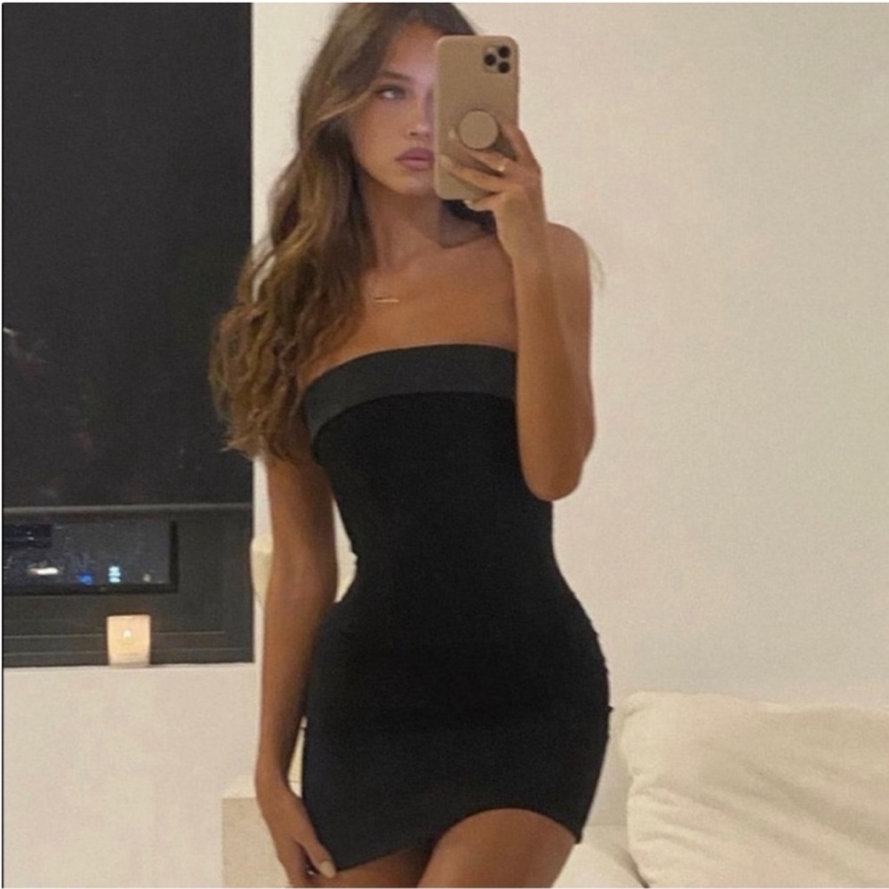 With Jean Black Strapless Mini Dress with Gray Band